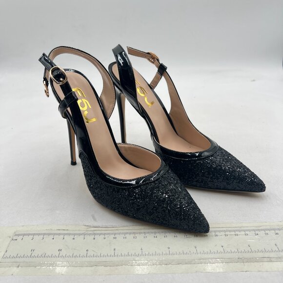 FSJ Black Glitter Pointed Toe D'Orsay High Heel Slingback Pumps Cutout Sandals - Picture 4 of 8